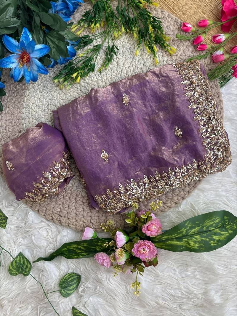 Purple Color beads and Hand Work Sartin Saree