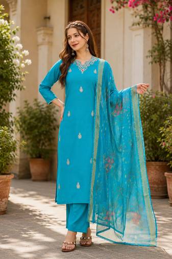  Women Gorgeous Viscose Embroidered Straight Kurta, Pant and Dupatta Set