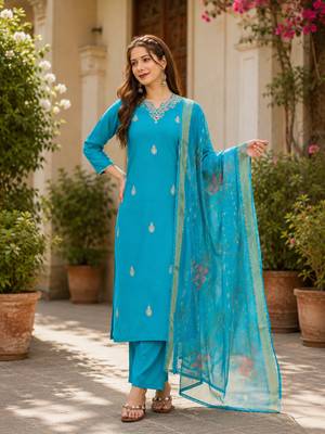  Women Gorgeous Viscose Embroidered Straight Kurta, Pant and Dupatta Set 1