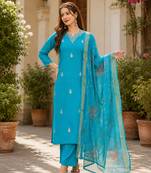  Women Gorgeous Viscose Embroidered Straight Kurta, Pant and Dupatta Set