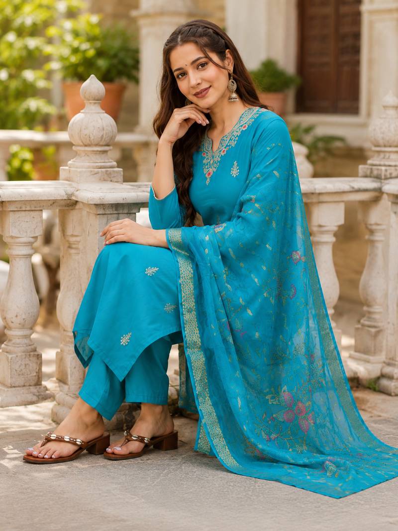  Women Gorgeous Viscose Embroidered Straight Kurta, Pant and Dupatta Set