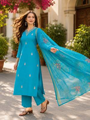  Women Gorgeous Viscose Embroidered Straight Kurta, Pant and Dupatta Set 3