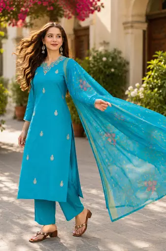  Women Gorgeous Viscose Embroidered Straight Kurta, Pant and Dupatta Set