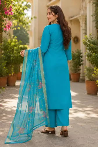  Women Gorgeous Viscose Embroidered Straight Kurta, Pant and Dupatta Set