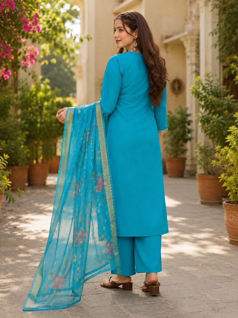  Women Gorgeous Viscose Embroidered Straight Kurta, Pant and Dupatta Set