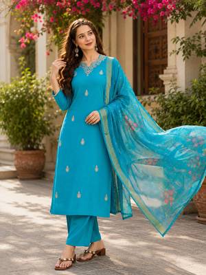  Women Gorgeous Viscose Embroidered Straight Kurta, Pant and Dupatta Set 5