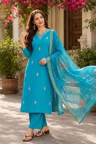  Women Gorgeous Viscose Embroidered Straight Kurta, Pant and Dupatta Set