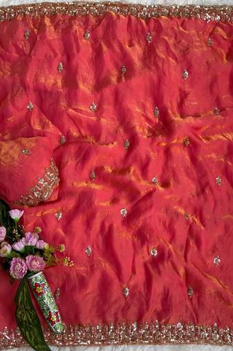Pink beads and Hand Work Sartin Saree