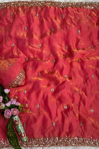 Pink Color beads and Hand Work Sartin Saree