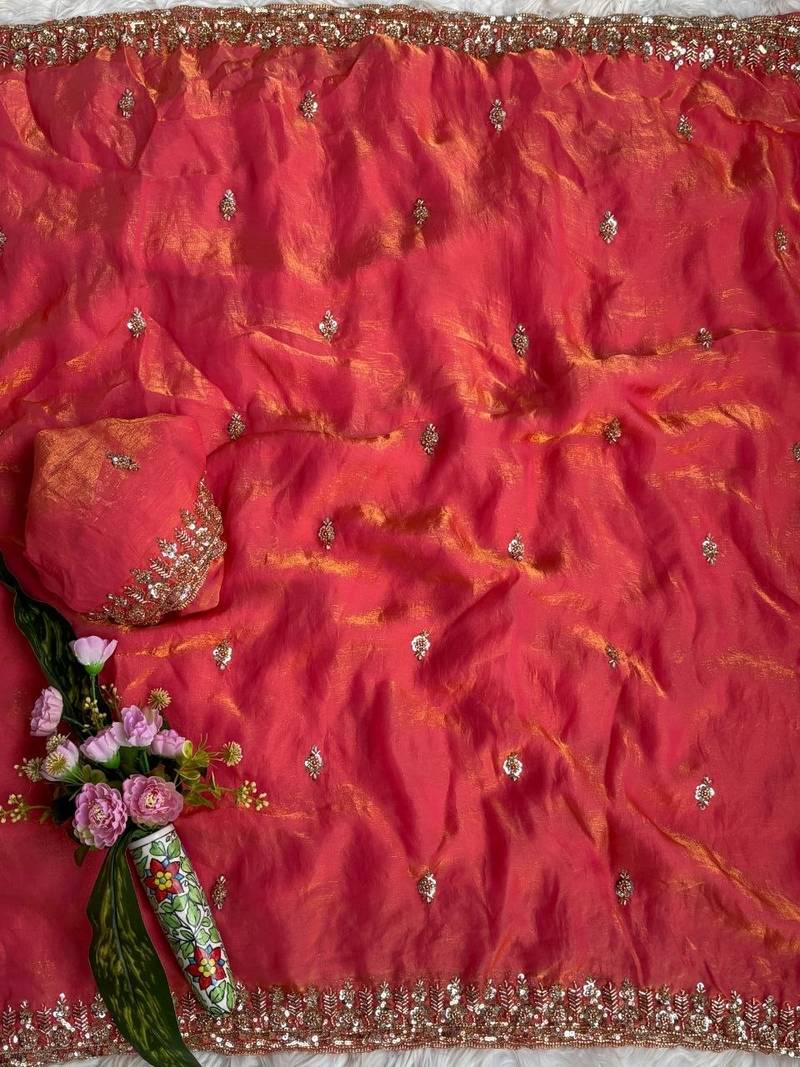Pink Color beads and Hand Work Sartin Saree