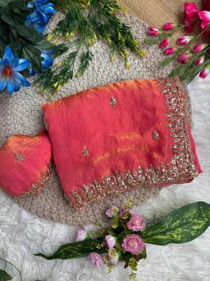 Pink Color beads and Hand Work Sartin Saree 2