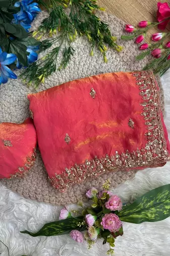 Pink Color beads and Hand Work Sartin Saree
