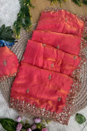 Pink Color beads and Hand Work Sartin Saree
