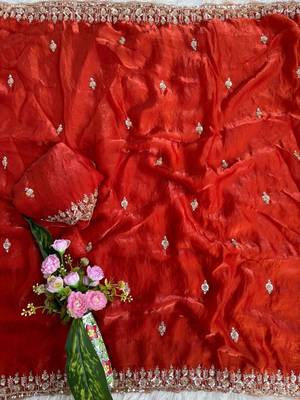 Red Color beads and Hand Work Sartin Saree 1