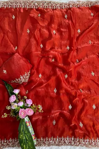 Red Color beads and Hand Work Sartin Saree