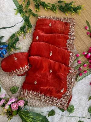 Red Color beads and Hand Work Sartin Saree 2