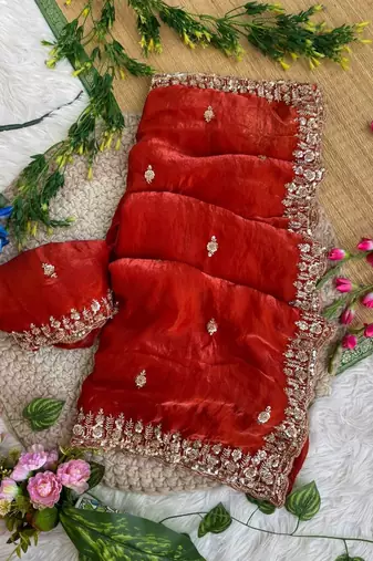 Red Color beads and Hand Work Sartin Saree