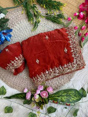 Red Color beads and Hand Work Sartin Saree 3