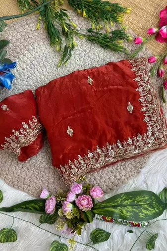 Red Color beads and Hand Work Sartin Saree