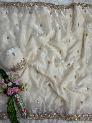 White Color beads and Hand Work Sartin Saree 1