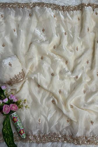 White beads and Hand Work Sartin Saree
