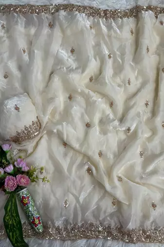 White Color beads and Hand Work Sartin Saree