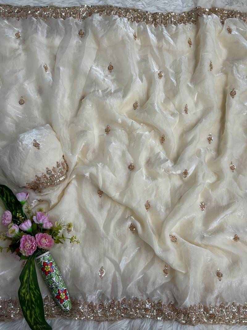 White Color beads and Hand Work Sartin Saree