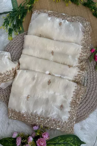White Color beads and Hand Work Sartin Saree