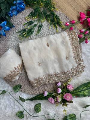 White Color beads and Hand Work Sartin Saree 3
