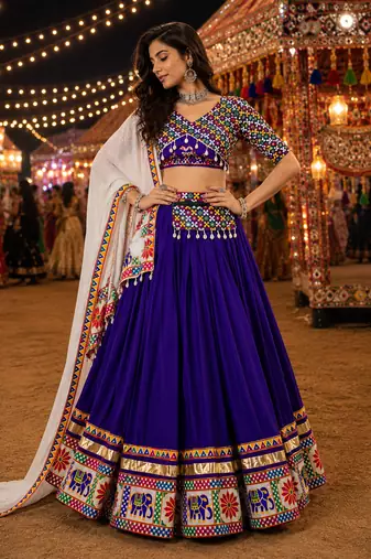 Purple Gamthi Mirror Work Lehenga Choli with Dupatta