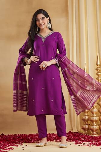 Embroidered Viscose Rayon Straight Kurta Pant and Dupatta Set