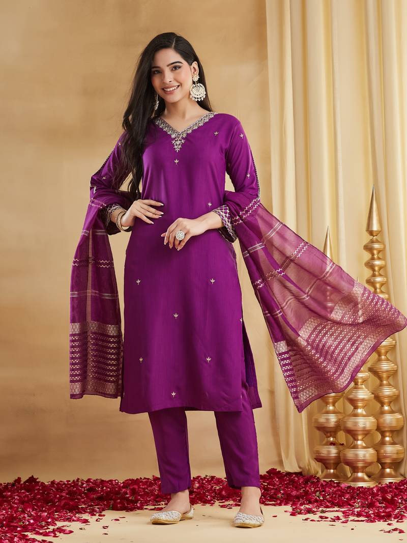 Embroidered Viscose Rayon Straight Kurta Pant and Dupatta Set