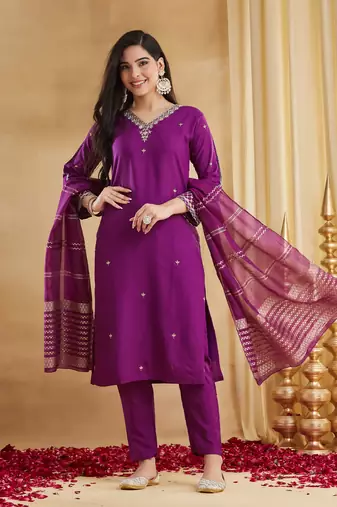 Embroidered Viscose Rayon Straight Kurta Pant and Dupatta Set