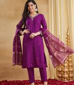 Embroidered Viscose Rayon Straight Kurta Pant and Dupatta Set