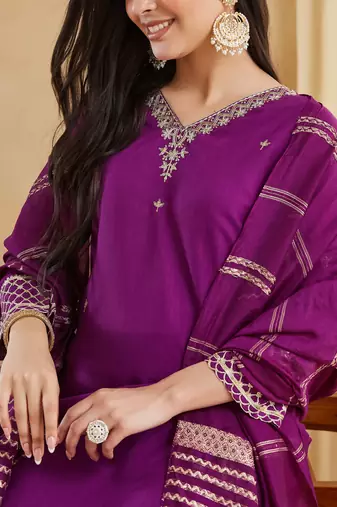 Embroidered Viscose Rayon Straight Kurta Pant and Dupatta Set