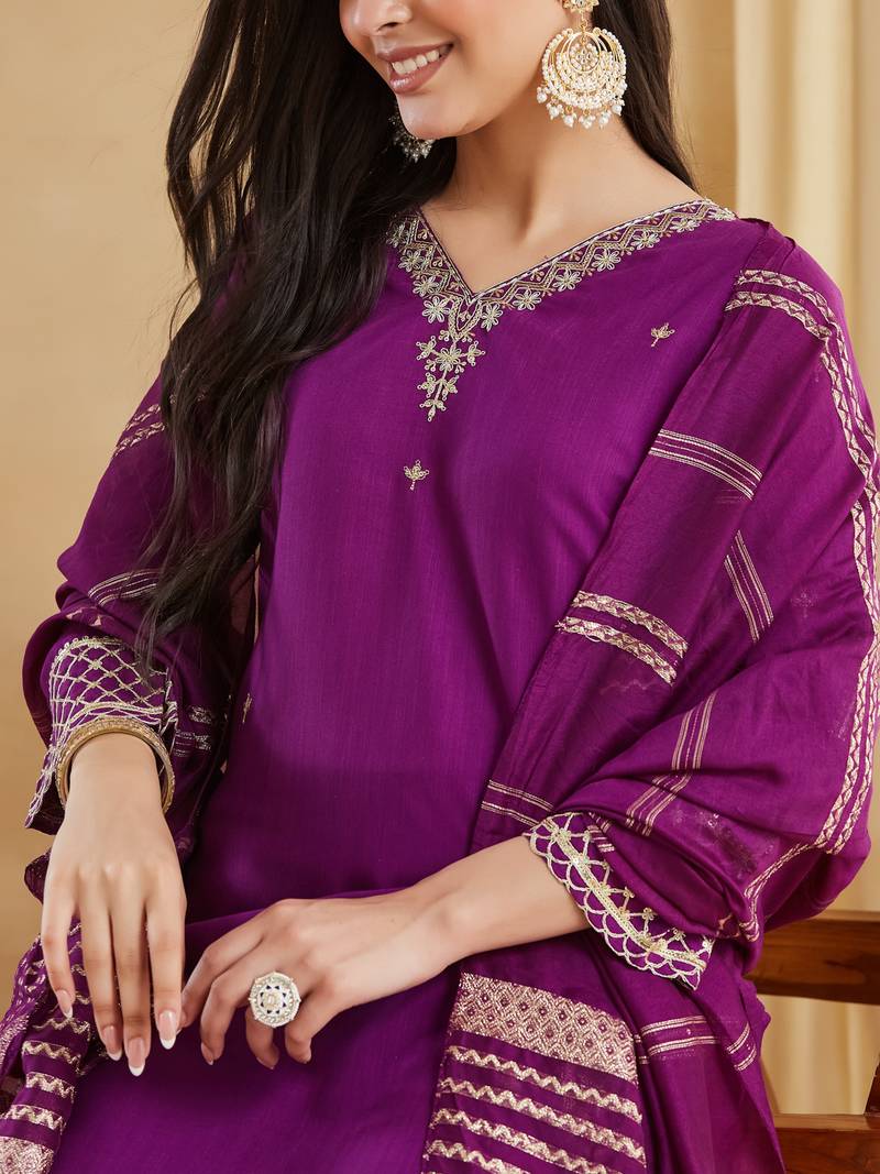 Embroidered Viscose Rayon Straight Kurta Pant and Dupatta Set