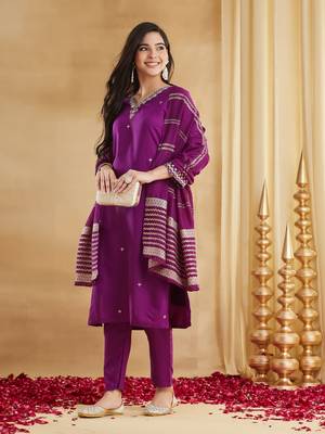 Embroidered Viscose Rayon Straight Kurta Pant and Dupatta Set 3