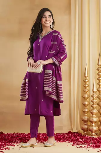 Embroidered Viscose Rayon Straight Kurta Pant and Dupatta Set