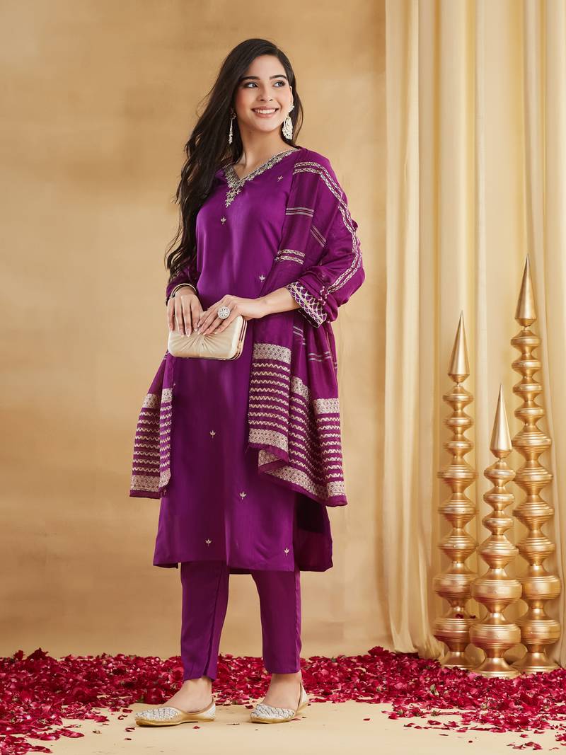 Embroidered Viscose Rayon Straight Kurta Pant and Dupatta Set