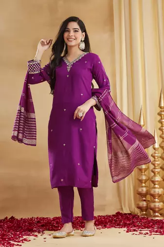 Embroidered Viscose Rayon Straight Kurta Pant and Dupatta Set