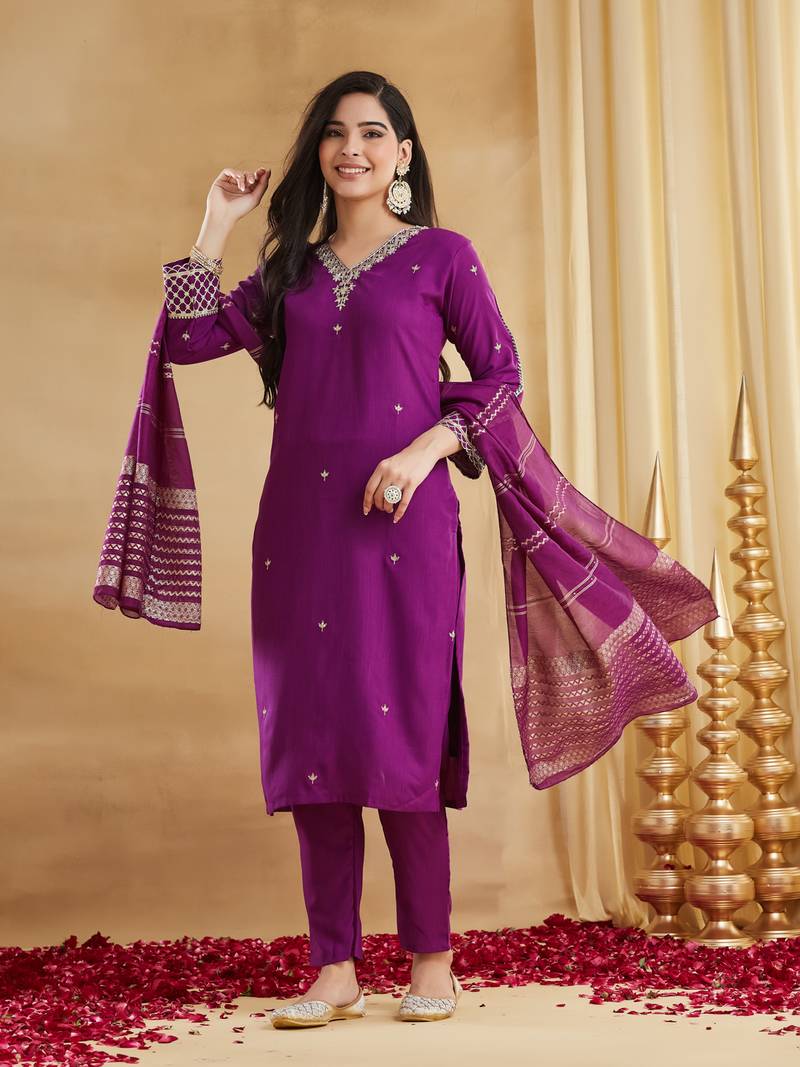 Embroidered Viscose Rayon Straight Kurta Pant and Dupatta Set