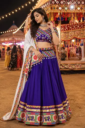 Purple Gamthi Mirror Work Lehenga Choli with Dupatta