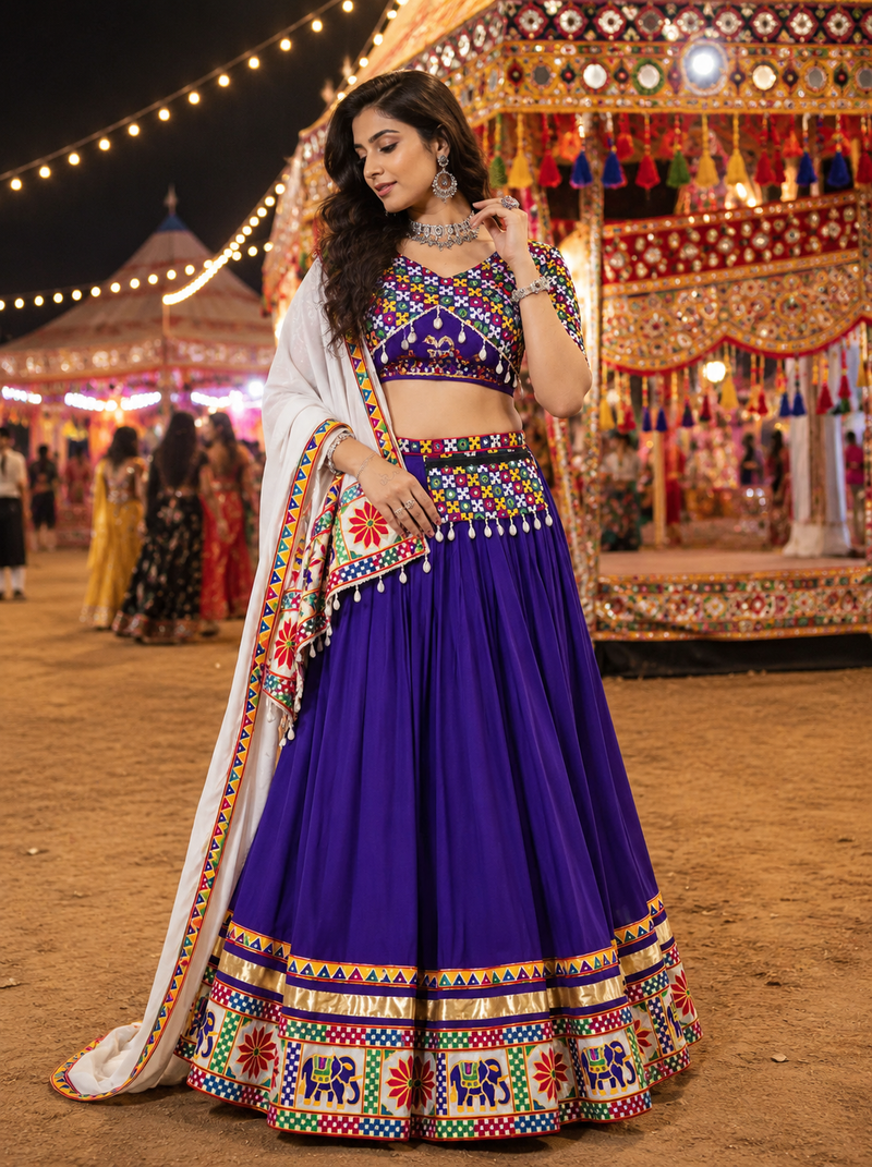 Purple Gamthi Mirror Work Lehenga Choli with Dupatta