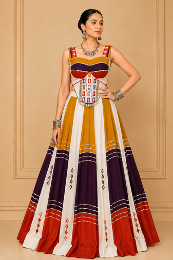 Multicolor Mirror Work Rayon Navratri Lehenga Choli