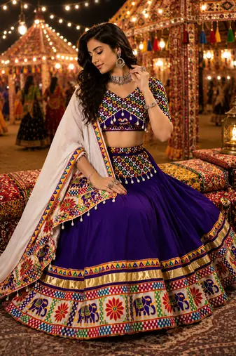 Purple Gamthi Mirror Work Lehenga Choli with Dupatta