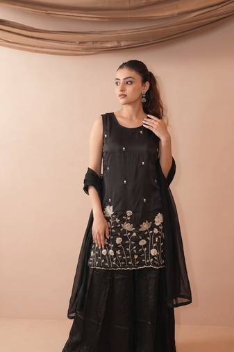 Women's Beautiful Embroidery Work French Crepe Fabric Straight Kurta Sharara and Dupatta Set