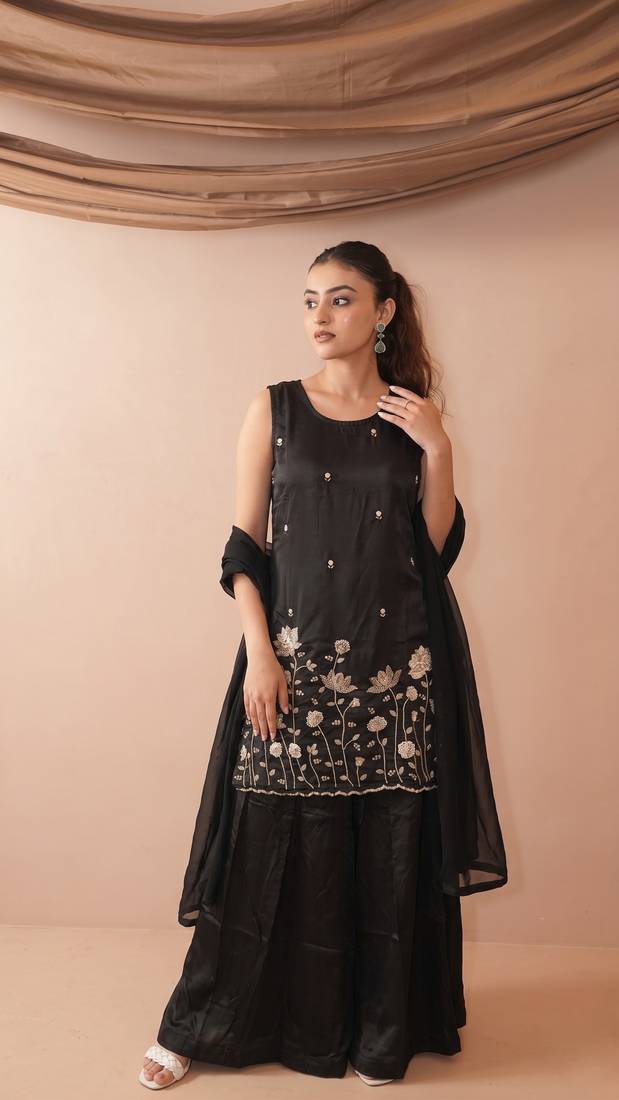 Women's Beautiful Embroidery Work French Crepe Fabric Straight Kurta Sharara and Dupatta Set