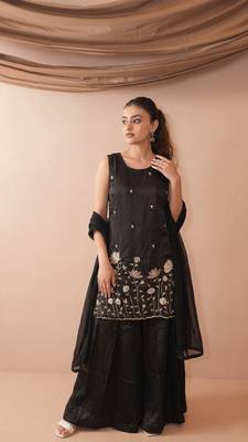 Women's Beautiful Embroidery Work French Crepe Fabric Straight Kurta Sharara and Dupatta Set 1