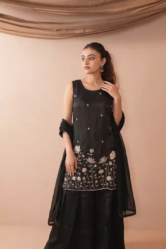 Women's Beautiful Embroidery Work French Crepe Fabric Straight Kurta Sharara and Dupatta Set