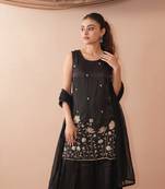 Women's Beautiful Embroidery Work French Crepe Fabric Straight Kurta Sharara and Dupatta Set